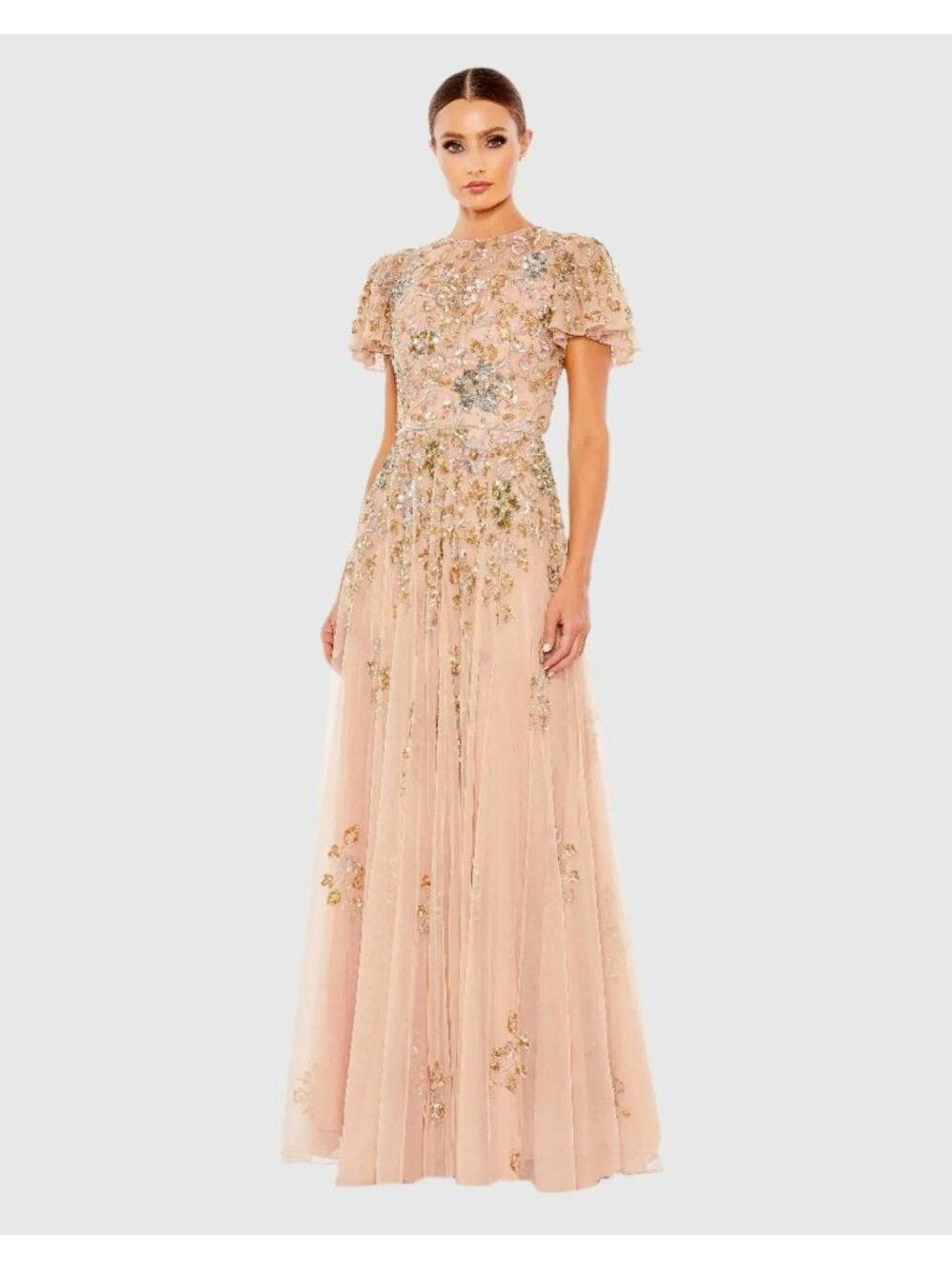 Mac Duggal Taupe Pink Embellished Butterfly Sleeve High Neck Gown Size 18 New Mo